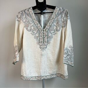 J. Jill Love Tunic Blouse Top Womens M 100% Linen Paisley 3/4 Sleeve Boho Blouse
